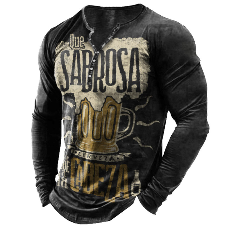 Men's Beer Print Long Sleeve Henley T-Shirt