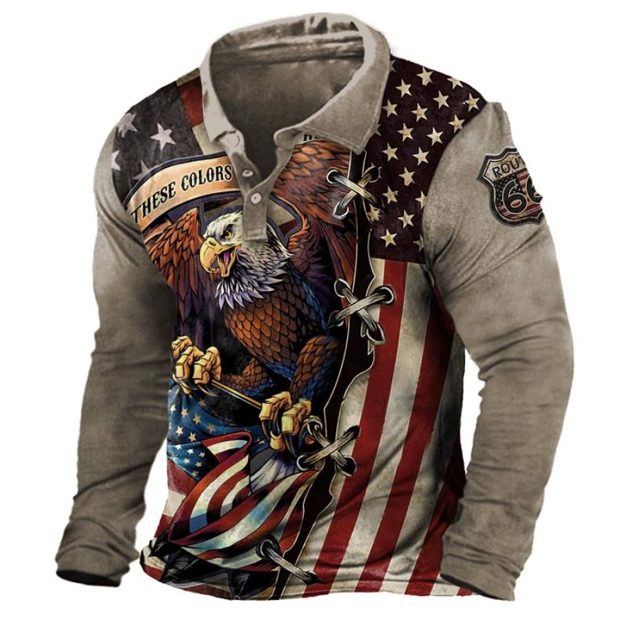 

Men's Route 66 American Flag American Eagle Print Long Sleeve Polo Shirt