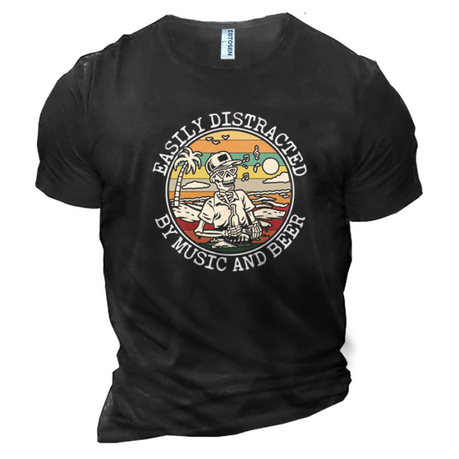 Easily Distracted By Music And BeerMen's Printed Cotton T-Shirt