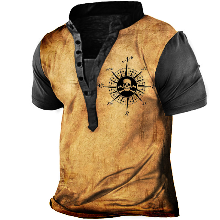 Men's Outdoor Nautical Compass Print Casual Henley Short Sleeve Shirt
