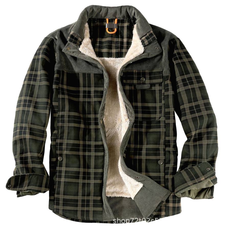 Men's Multi-pocket Thicken Down Hooded Sherpa-Lined Fleece Shirt Jacket