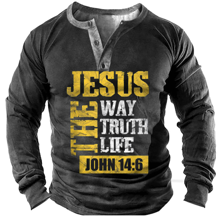 

Jesus The Way Truth Life John 14 6 Christian Bible Verse Men Henley T-Shirt