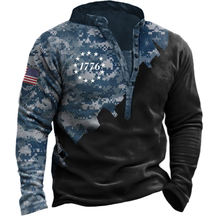 Men's 1776 American Flag Camo Print Henley Collar Sweatshirt
