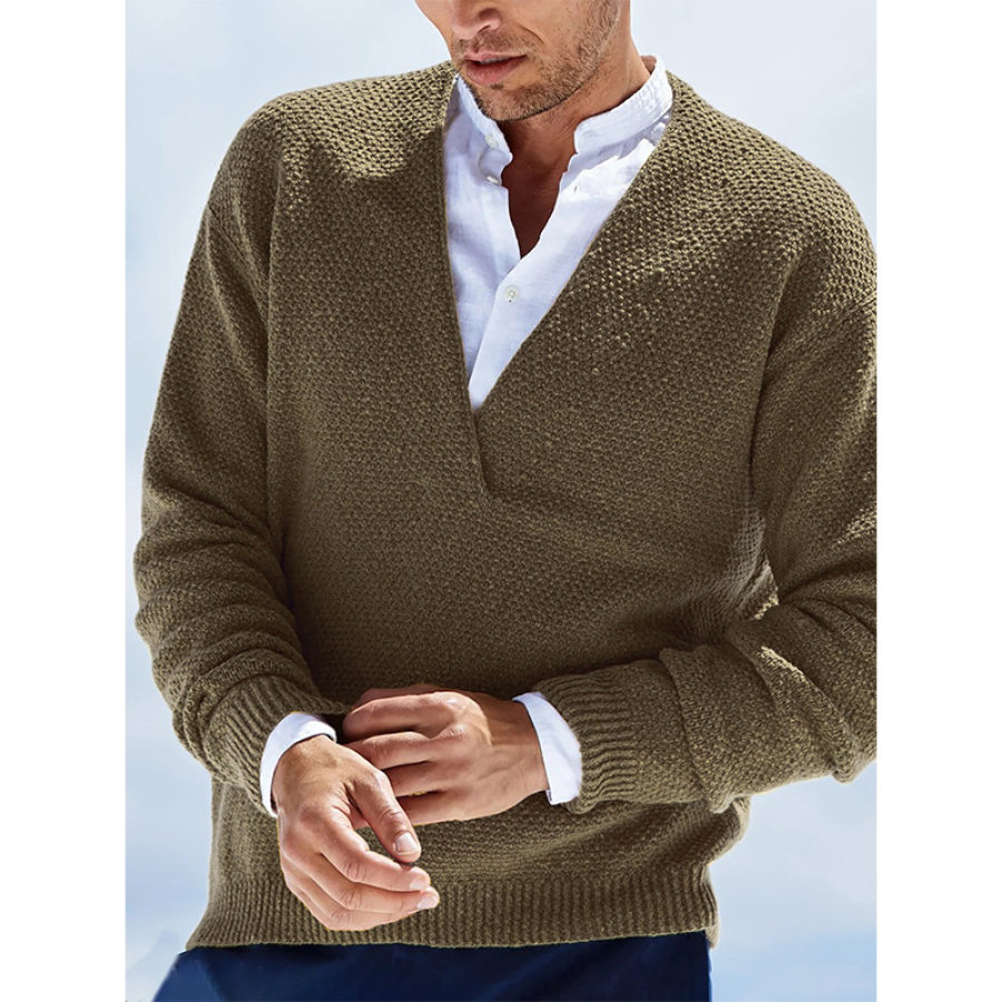 

Мужской теплый вязаный однотонный свитер с длинным рукавом и V-образным вырезом