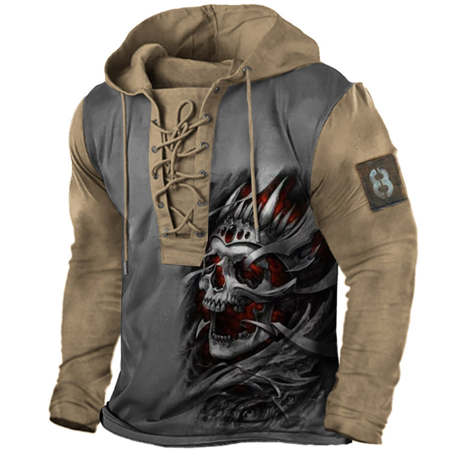 Men's Outdoor Skull Print Lace-Up Hooded T-Shirt