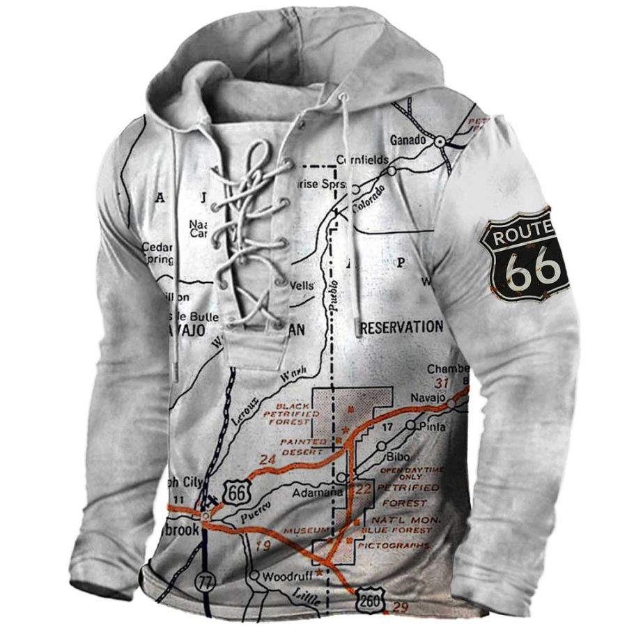 Men's Outdoor Route 66 Map Lace-Up Hooded T-Shirt