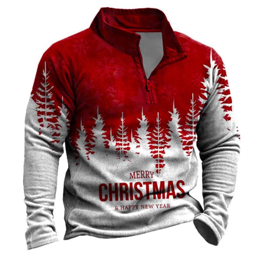Men's Merry Christmas Tree Print Quarter Zip Sweatshirt
