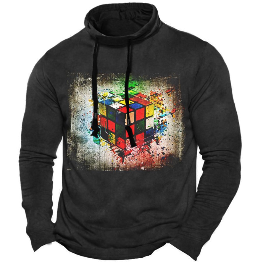 Men's Retro Large Puzzle Cubes Splashed Ink Drawstring Mock Neck Long Sleeve T-Shirt