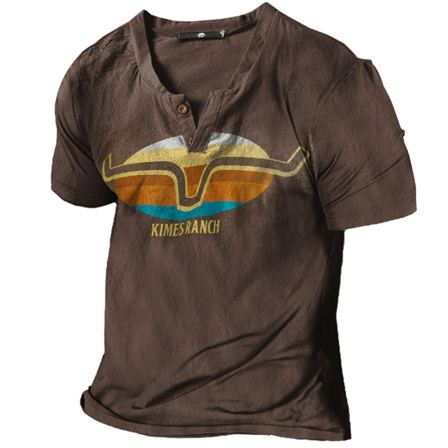 Men's Western Cowboy Print Henley Collar T-Shirt