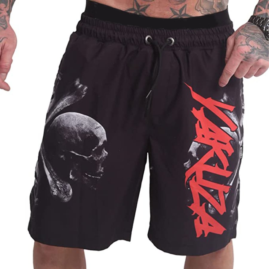 Men's Casual Skull American Flag Print Drawstring Shorts