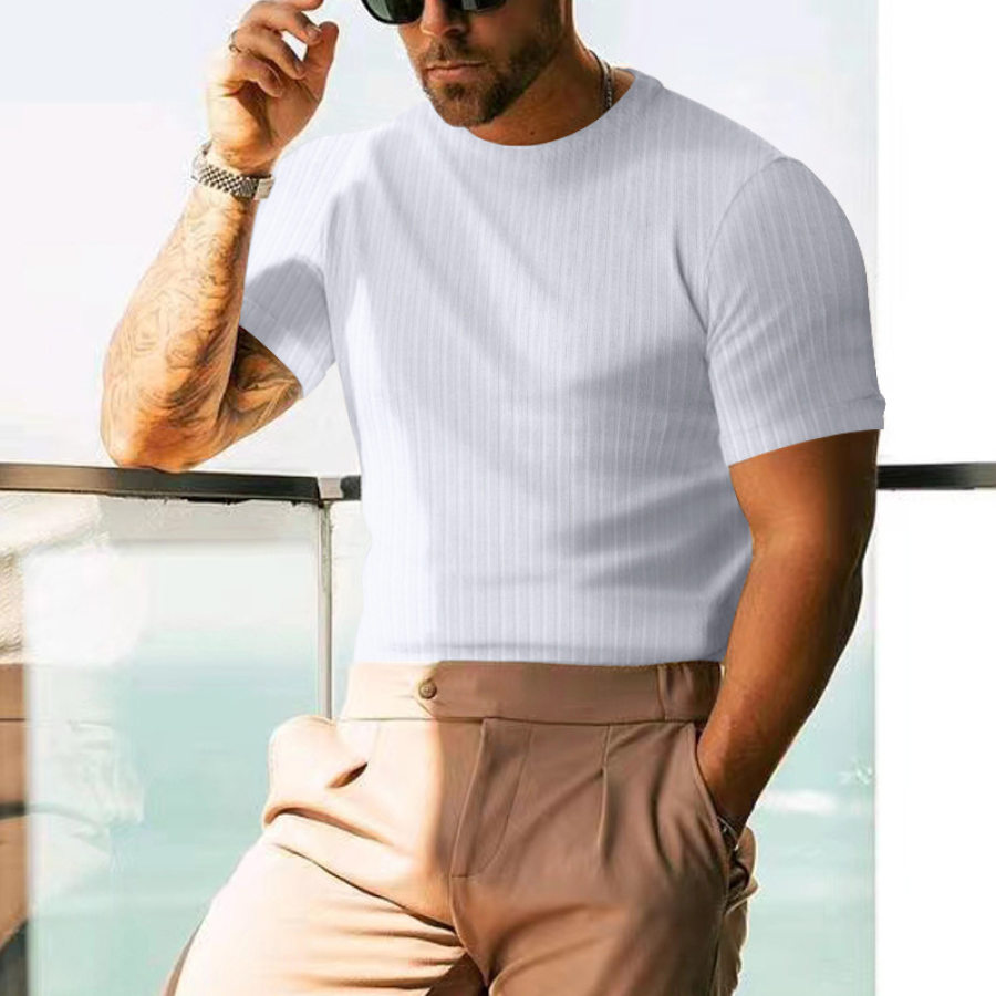Mens Solid Color Casual And Business Loose Striped Crewneck T-shirt