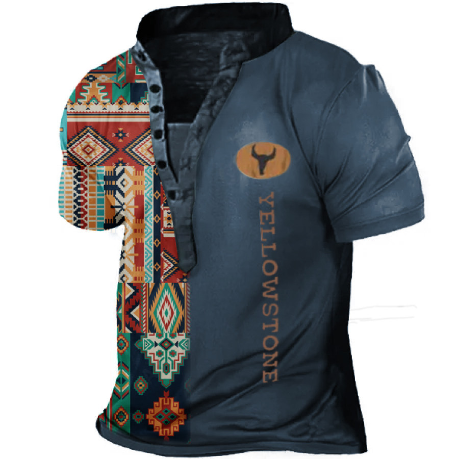Men's Vintage Ethnic Yellowstone Logo Print Henley T-Shirt
Men's Vintage Ethnic Yellowstone Logo Print Henley T-Shirt