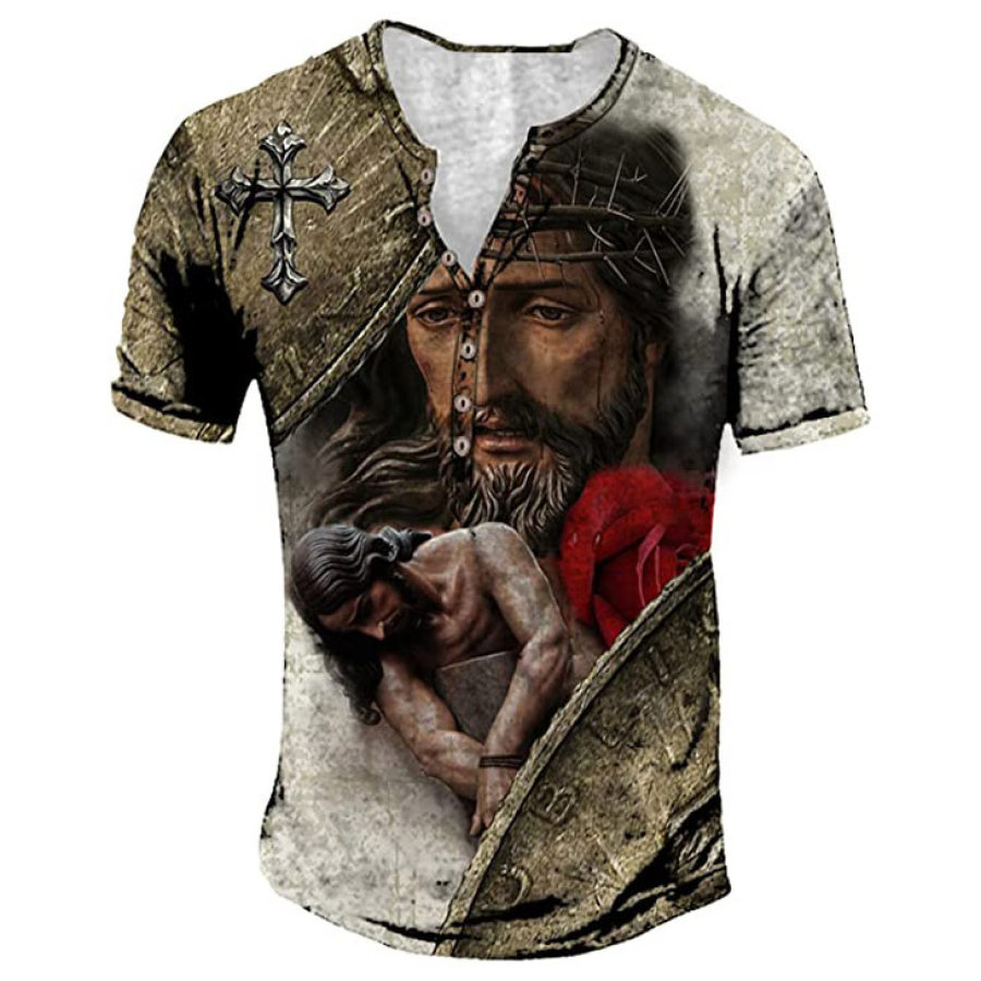 

Men's Vintage Jesus Cross Easter Print Henley Collar T-Shirt