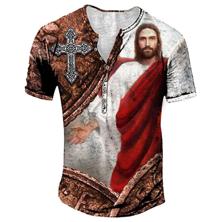

Men's Vintage Jesus Cross Easter Print Henley Collar T-Shirt