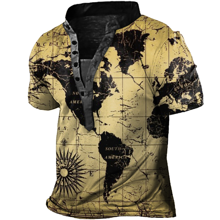 Men's Vintage World Map Print Henley Collar T-Shirt 
Men's Vintage World Map Print Henley Collar T-Shirt