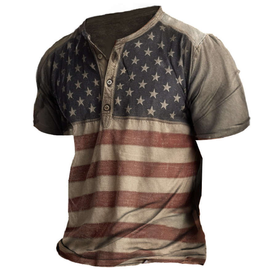 

Men's Vintage Distressed American Flag Graphic Henley Collar T-Shirt