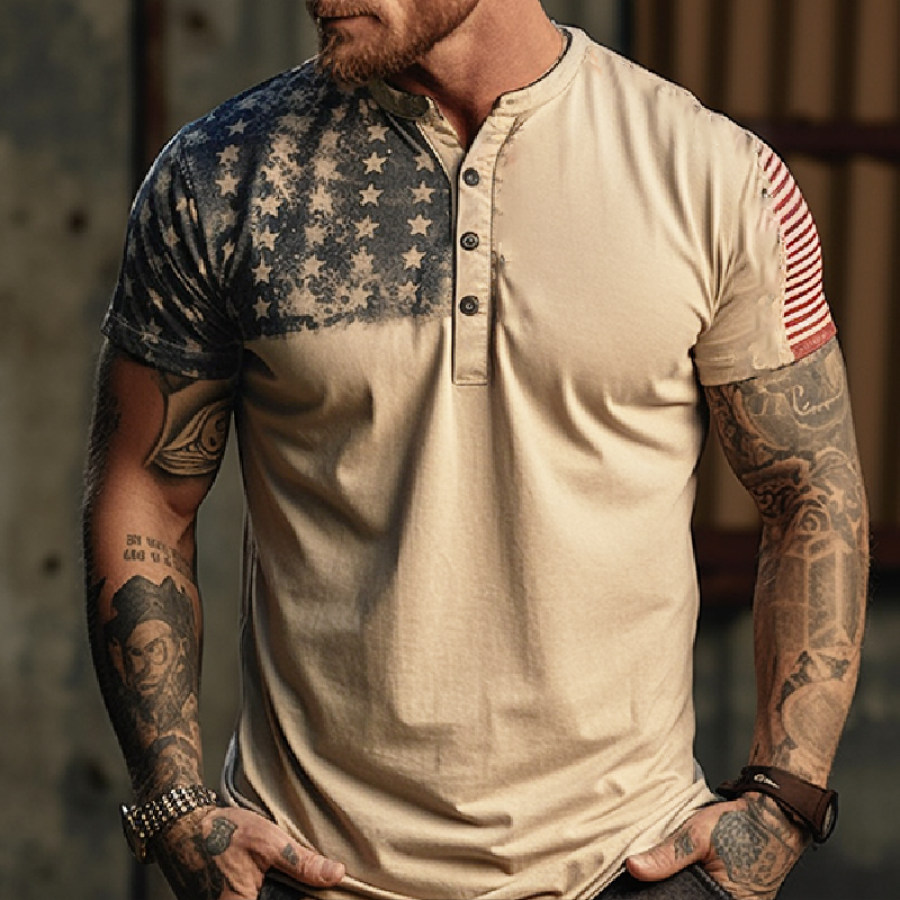 Men's Comfortable Breathable Retro American Flag Graphic Print Henley Collar Short Sleeve T-Shirt
Men's Comfortable Breathable Retro American Flag Graphic Print Henley Collar Short Sleeve T-Shirt