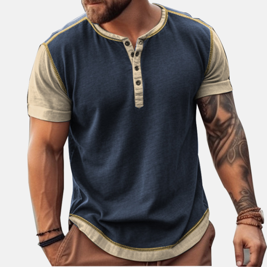 Men's Comfortable And Breathable Outdoor Retro Solid Color Stitching Henley Collar Short-sleeved T-shirt
Men's Comfortable And Breathable Outdoor Retro Solid Color Stitching Henley Collar Short-sleeved T-shirt