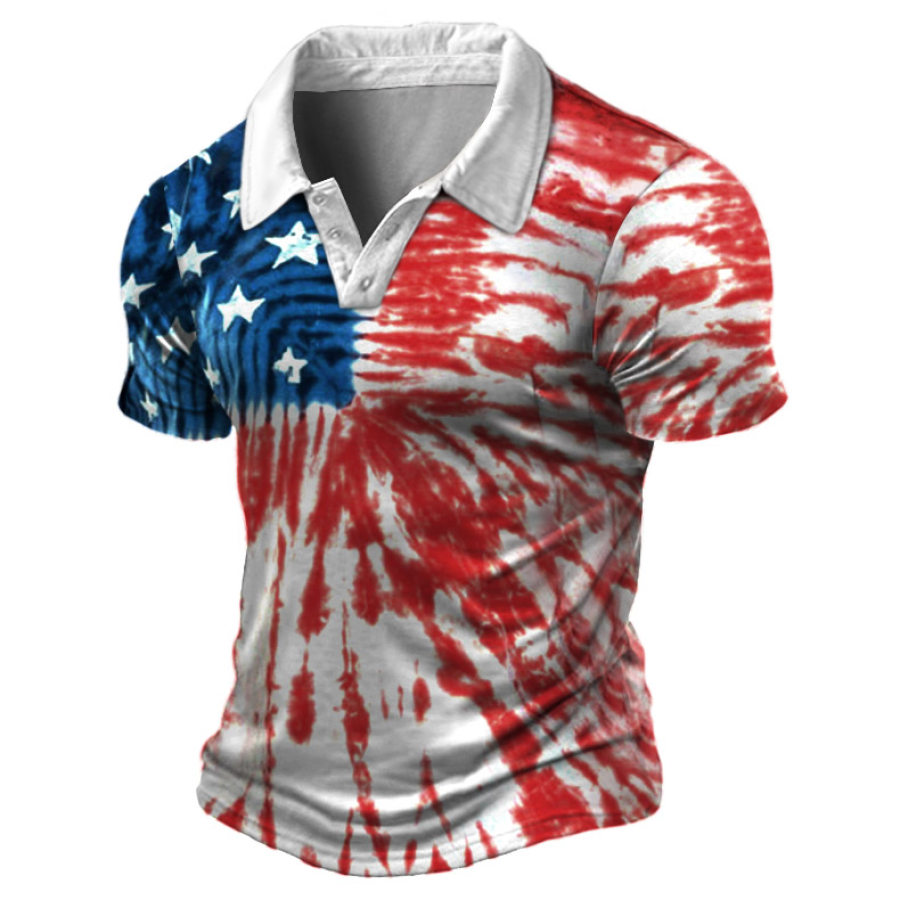 Men's Vintage American Flag Tie Dye Patriotic Polo Short Sleeve T-Shirt