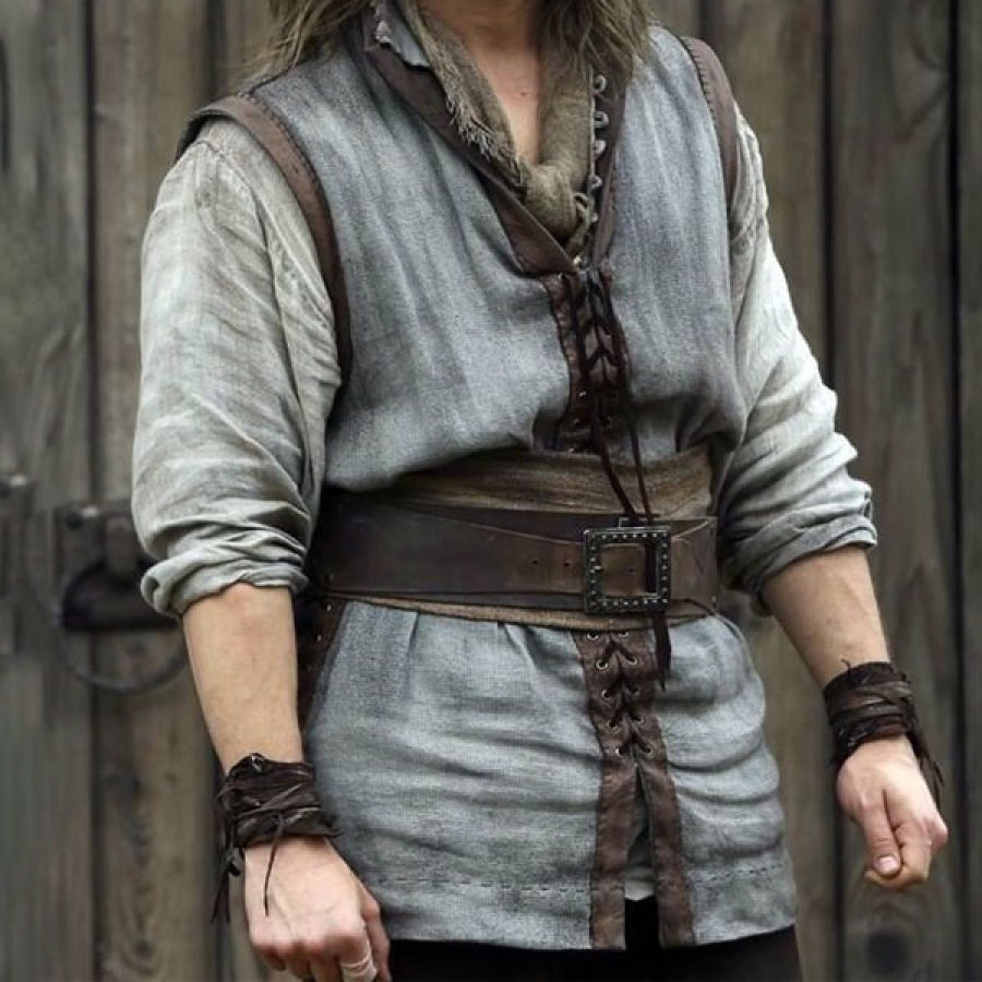 Men's Outdoor Casual Cotton Linen Medieval Drawstring Vest Hunting Vest