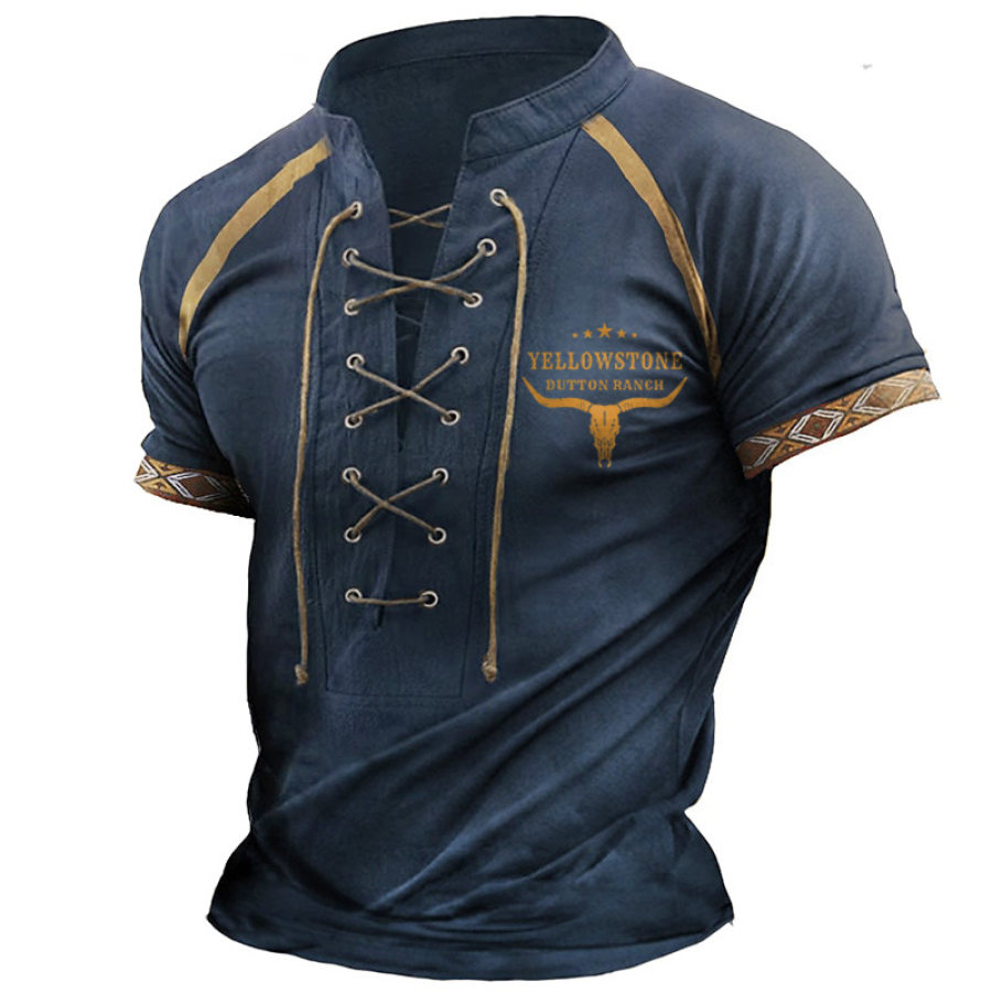 

Camiseta De Hombre Vintage Western Yellowstone Con Cordones Cuello Alto Manga Corta Bloque De Color Tops Diarios De Verano Azul Marino