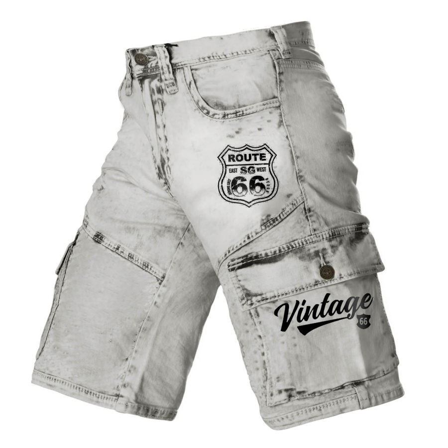 

Men's Cargo Shorts Vintage Route 66 Color Block Distressed Utility Outdoor Shorts White
