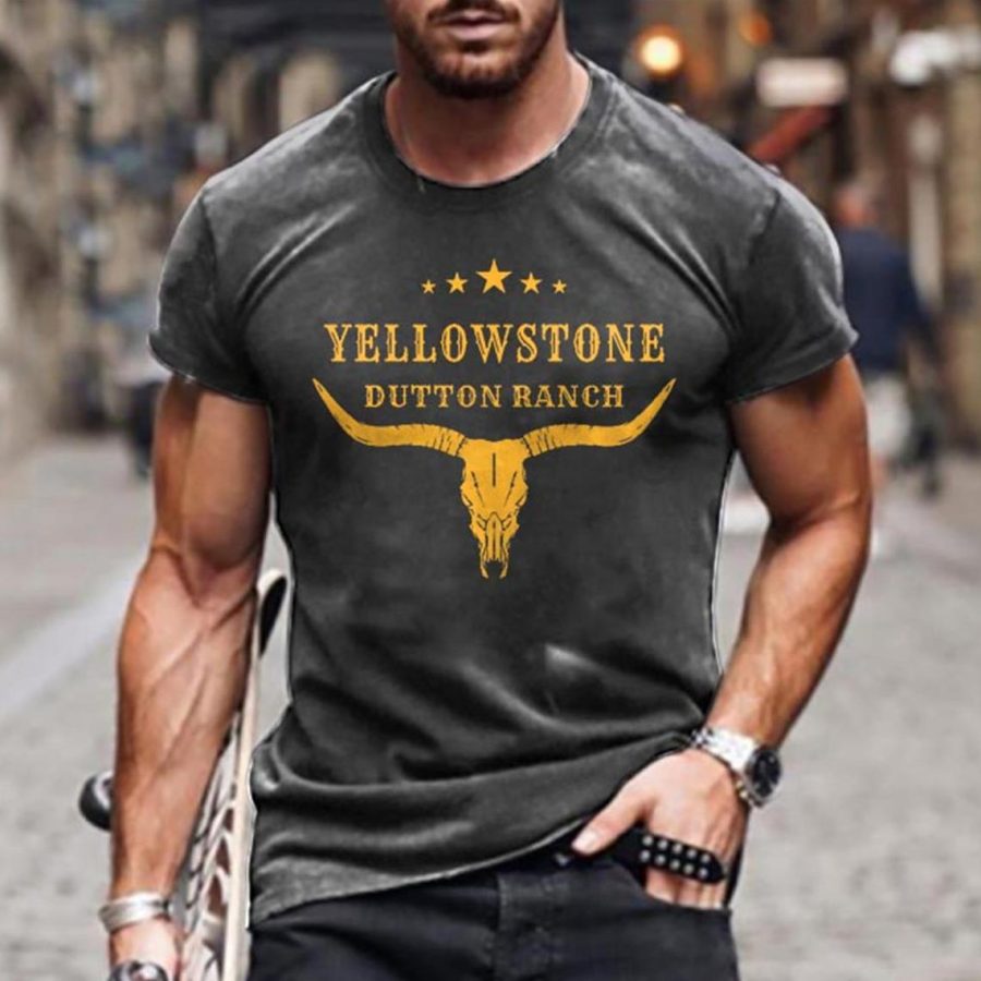 

Camiseta Masculina Vintage Western Yellowstone Plus Size Manga Curta Summer Daily Tops Preto Cinza Branco Borgonha Azul Marinho