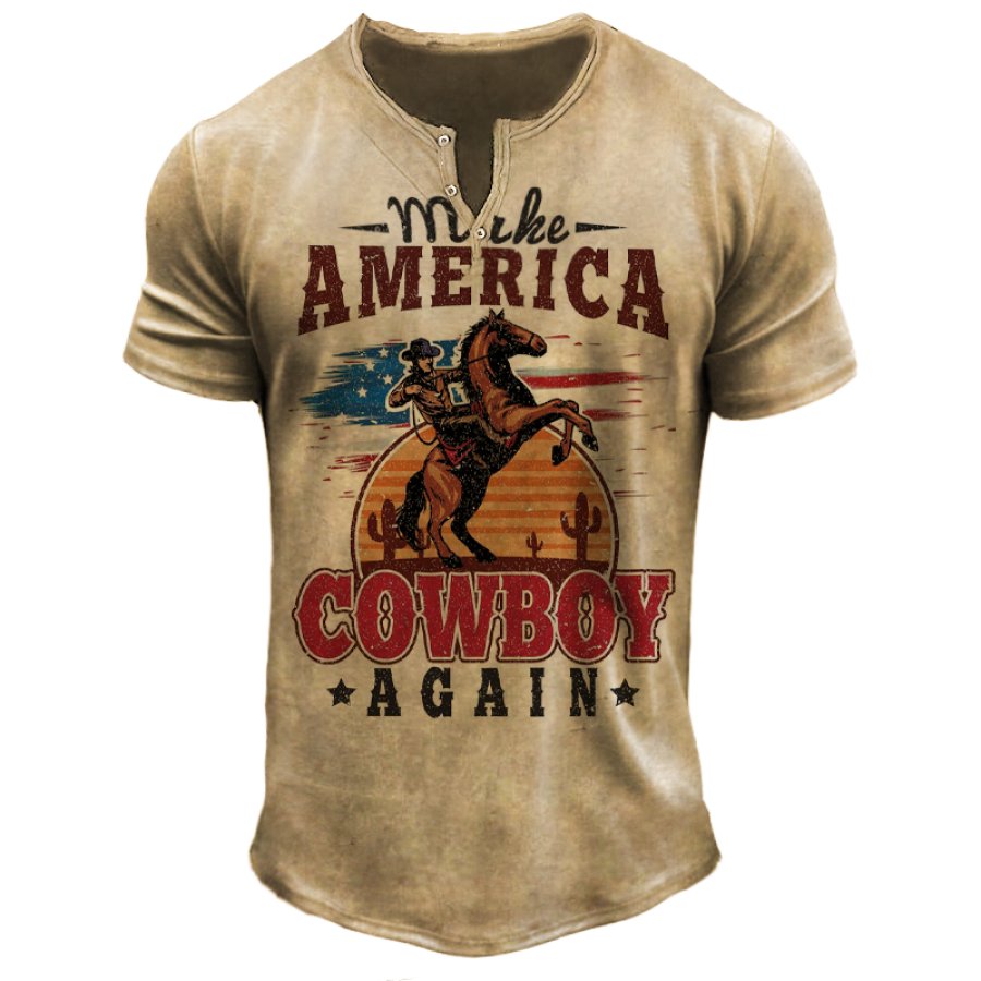

Men's Vintage T-Shirt Cowboy Western Yellowstone National Park T-Shirt Henley Collar Breathable Casual Khaki T-Shirt