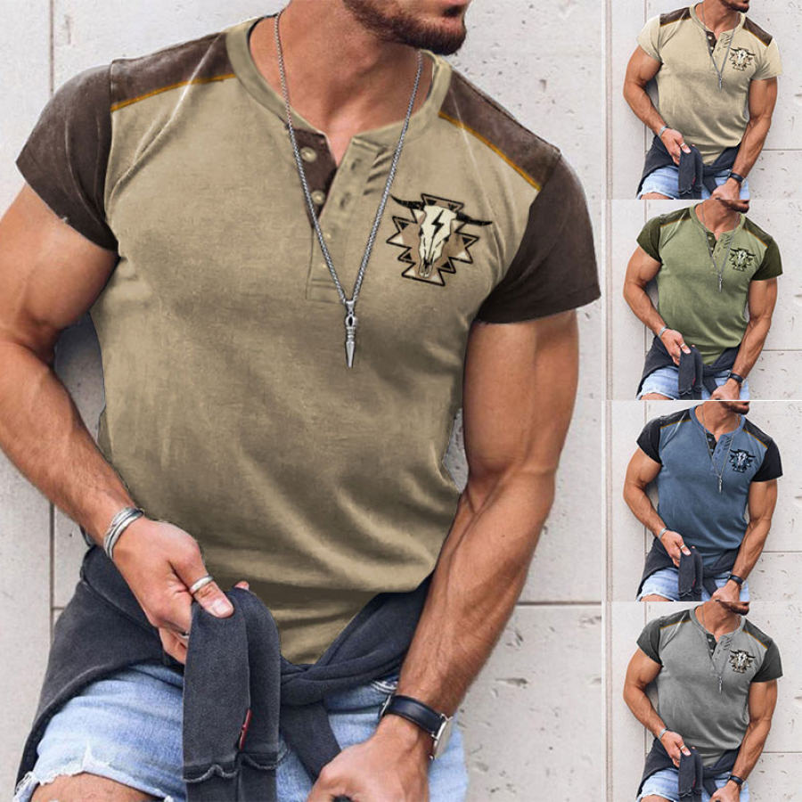 Men's Henley T-Shirt Western Cowboy Print Graphic Retro Color Block Short Sleeve Summer Tee
Men's Henley T-Shirt Western Cowboy Print Graphic Retro Color Block Short Sleeve Summer Tee