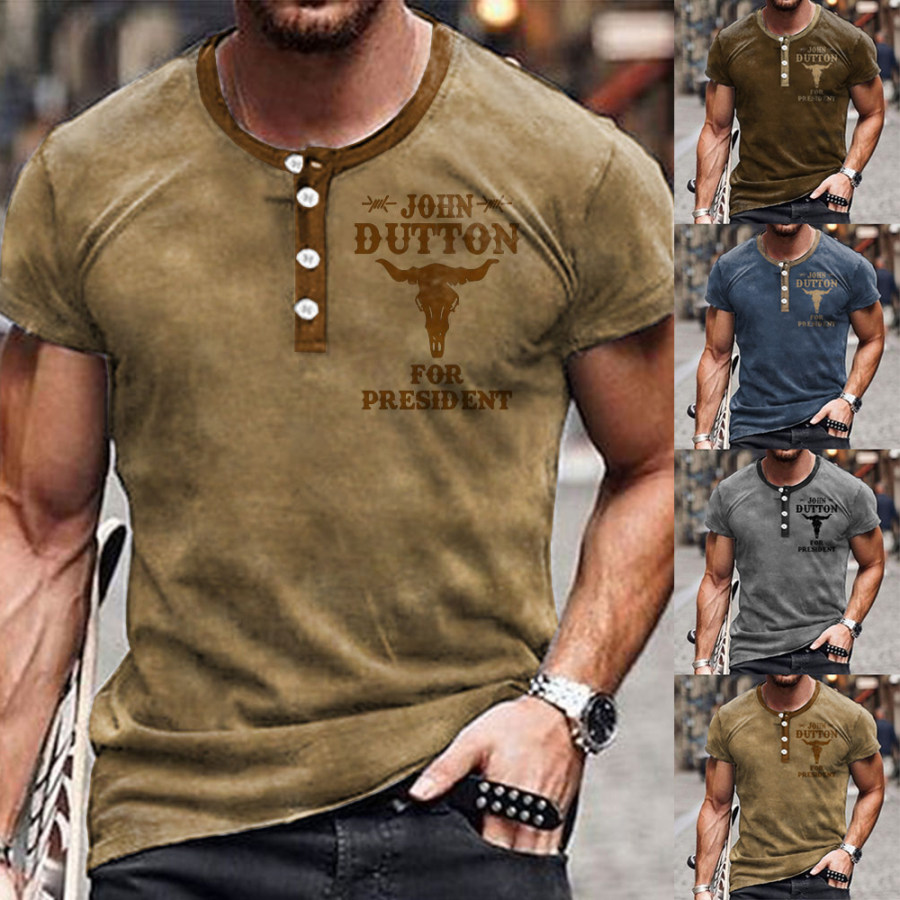 

Men's Vintage American Western Cowboy Yellowstone Print Henley Collar Casual T-Shirt