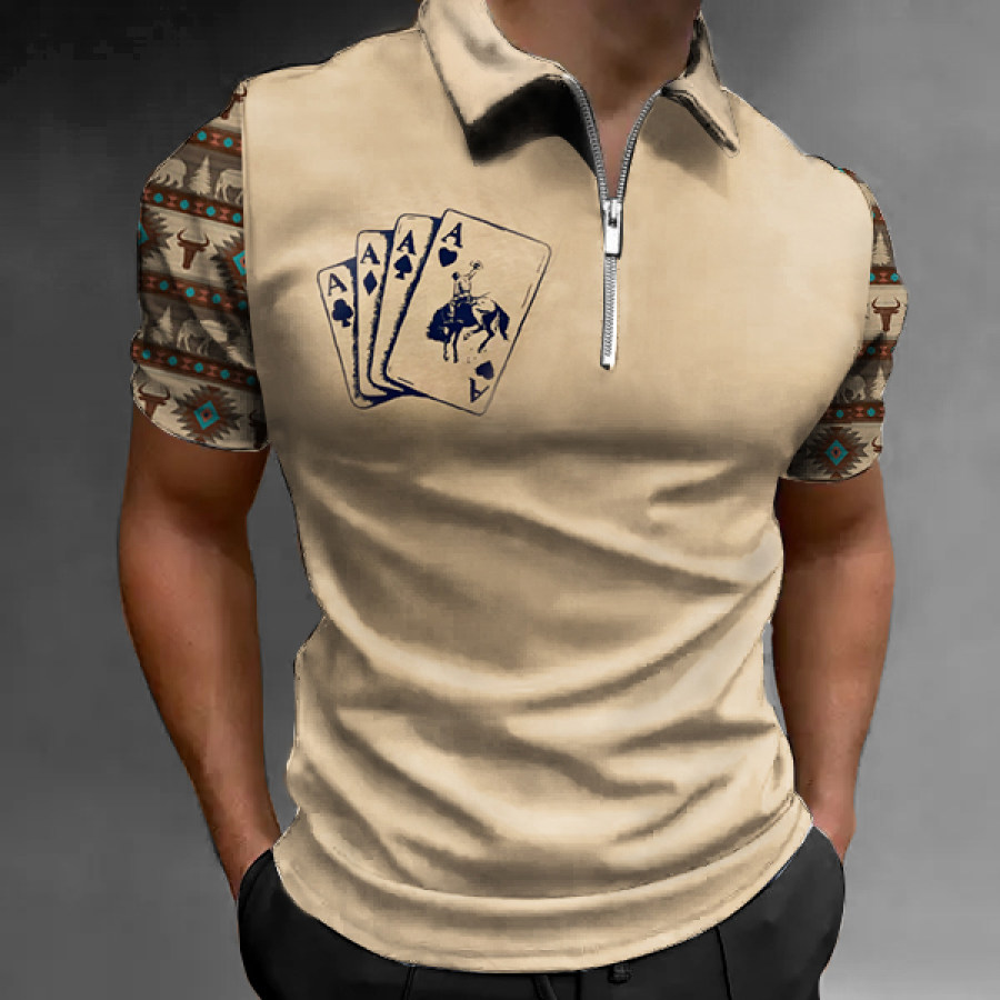 Ace Of Cowboys Men Men's Shirt Casual Polo Golf Quarter Zip Short Sleeve Plain Classic Summer Regular Fit Zip Polo