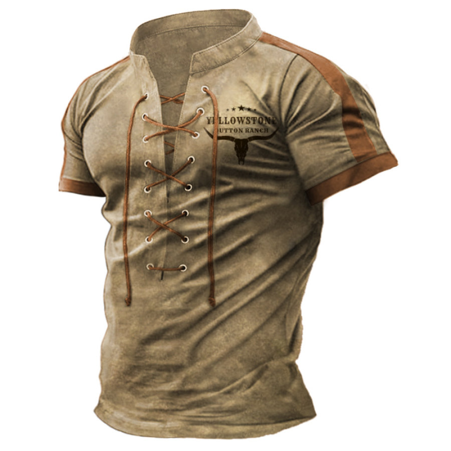 Men's Tie-up Stand-up Collar T-shirt Retro Yellowstone Print Pattern Color Matching Short-sleeved Daily Casual Tee Khaki
Men's Tie-up Stand-up Collar T-shirt Retro Yellowstone Print Pattern Color Matching Short-sleeved Daily Casual Tee Khaki