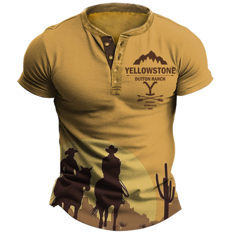 Men's Henry T-Shirt Vintage Yellowstone Western Cowboy Print Graphic Short Sleeve Everyday Casual Tee
Men's Henry T-Shirt Vintage Yellowstone Western Cowboy Print Graphic Short Sleeve Everyday Casual Tee