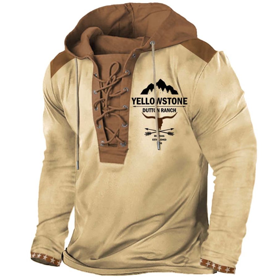Men's T-Shirt Vintage Yellowstone Skull Bull Long Sleeve Lace-Up Hooded Colorblock Outdoor Daily Tops Khaki
Men's T-Shirt Vintage Yellowstone Skull Bull Long Sleeve Lace-Up Hooded Colorblock Outdoor Daily Tops Khaki
