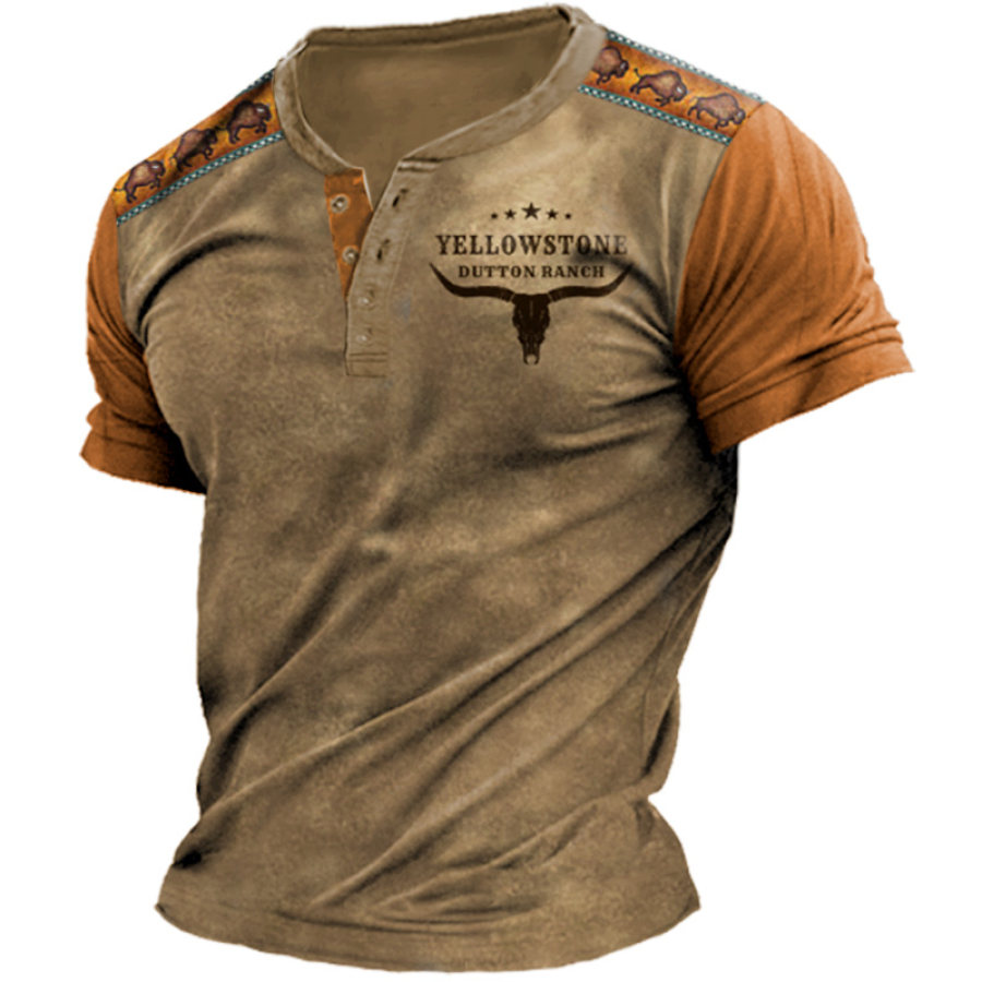 Men's Henry T-Shirt Vintage Yellowstone Western Denim Colorblock Print Graphic Short Sleeve Tee
Men's Henry T-Shirt Vintage Yellowstone Western Denim Colorblock Print Graphic Short Sleeve Tee