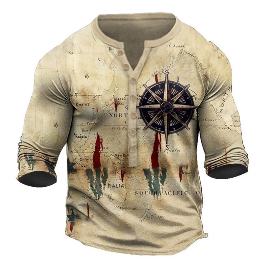 

Men's T-Shirt Henley Long Sleeve Vintage Nautical Compass Colorblock Daily Tops Khaki