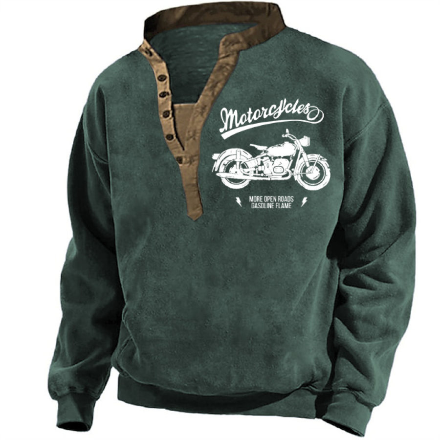 Hombre Sudadera Escote Chino Manga Larga Vintage Moto Diario Tops Verde