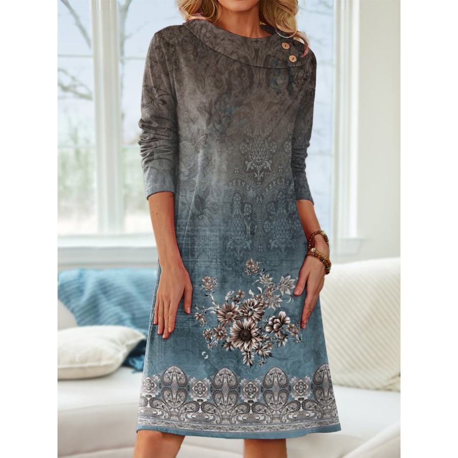 Vestido De Manga Larga Con Cuello Redondo Y Estampado Floral
