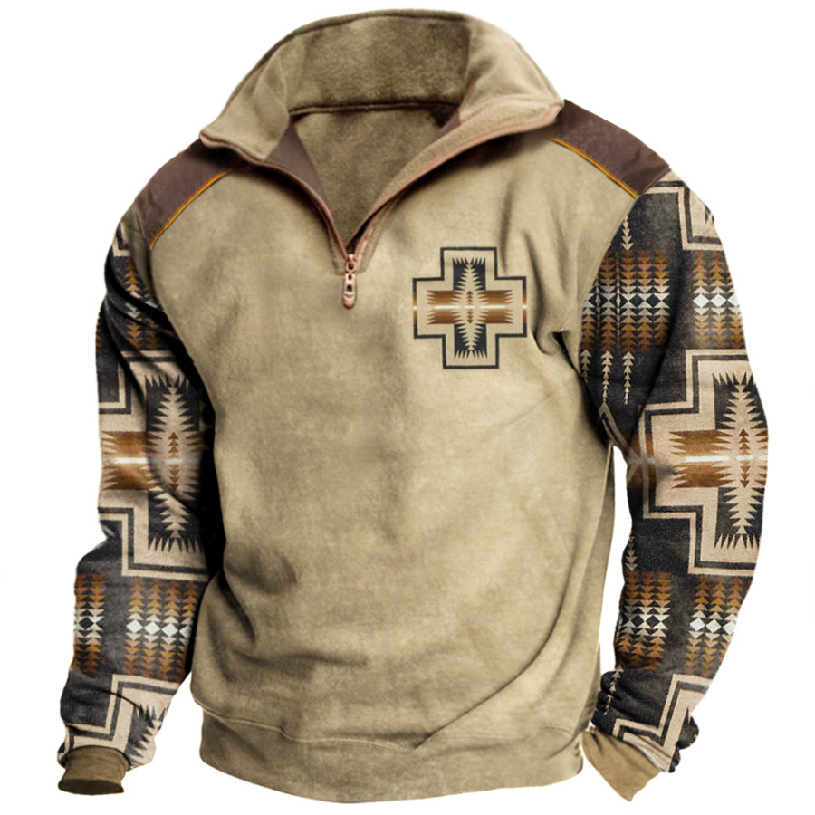 Sudadera Con Solapa De Vaquero Azteca Al Aire Libre Vintage Para Hombre