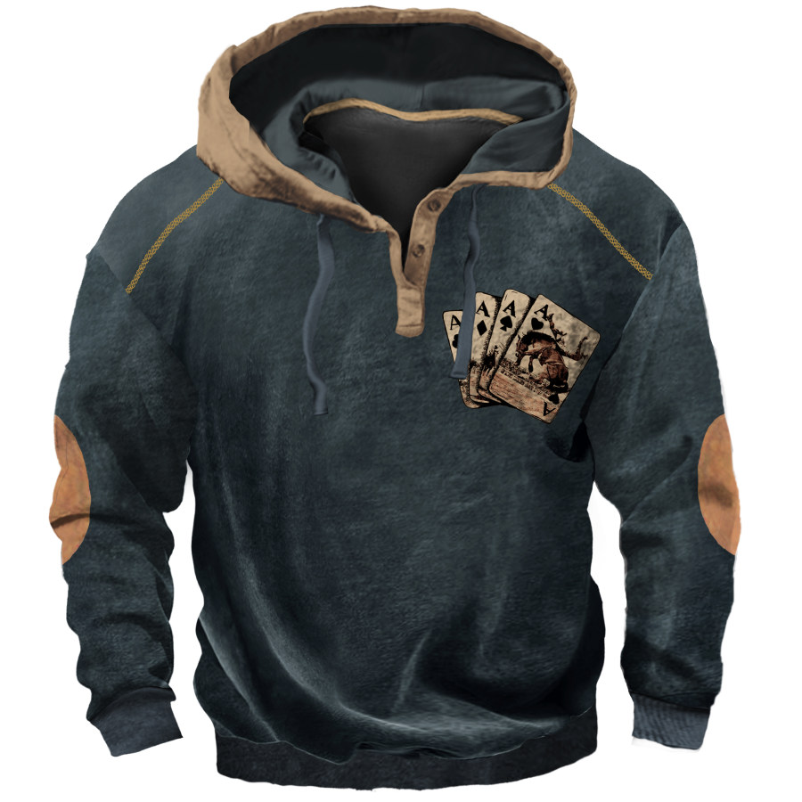 Sudadera Con Capucha Y Botones De Naipes De Vaquero Occidental Retro Para Hombre