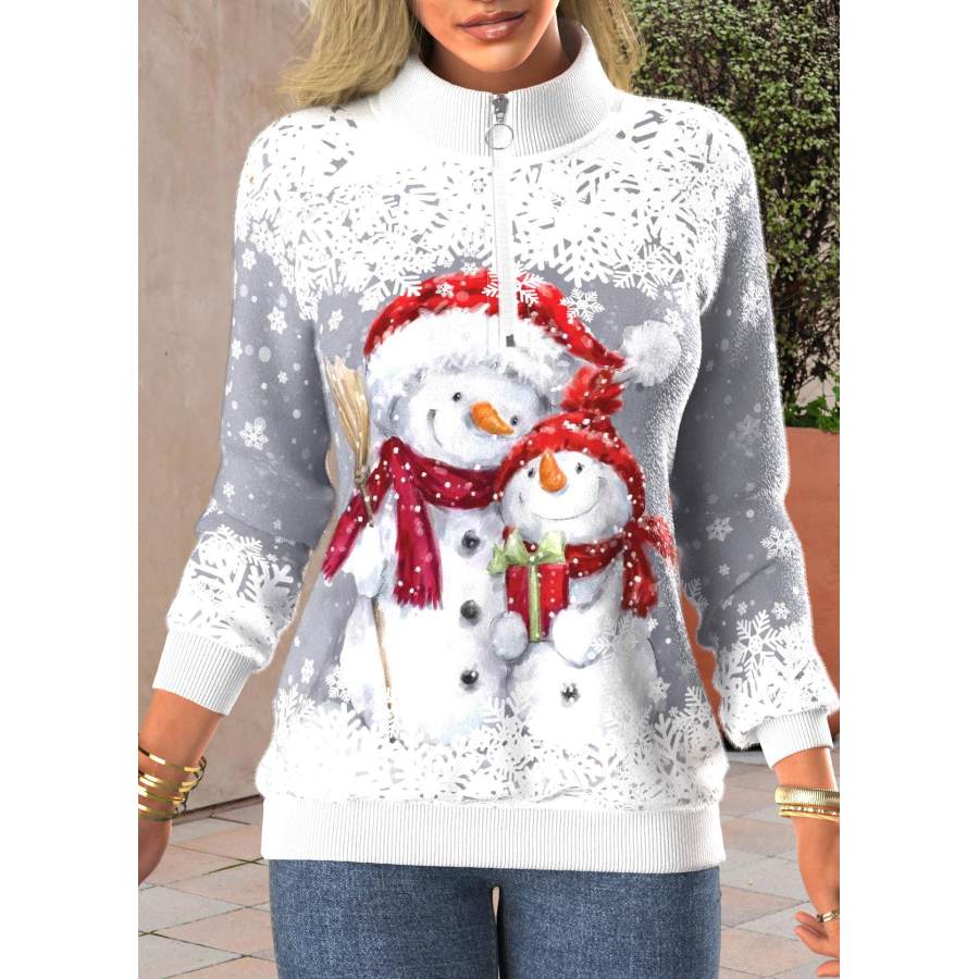 

Damen-Sweatshirt Mit Weihnachts-Schneemann-Aufdruck Reißverschluss Und Stehkragen