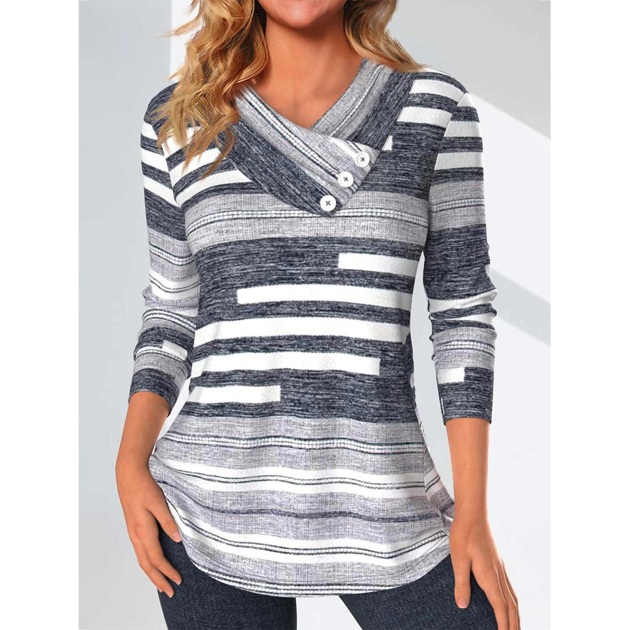 Damen-Top Mit Geometrischem Print Lässig V-Ausschnitt Langärmelig