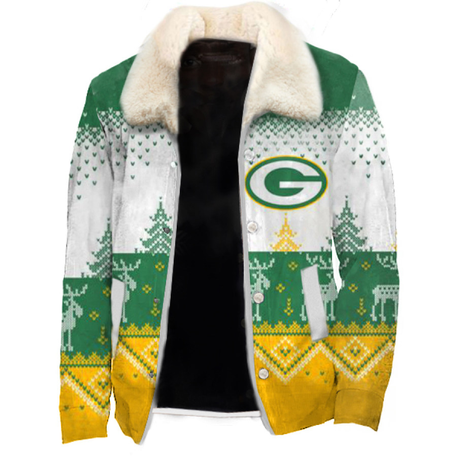 Men's Outdoor Christmas Rugby Team Print Woolen Jacket Detachable Fur Collar Coats