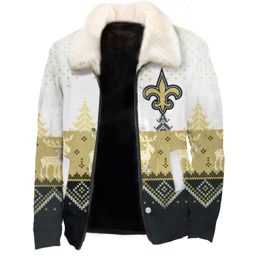 Men's Outdoor Christmas Rugby Team Print Woolen Jacket Detachable Fur Collar Coats