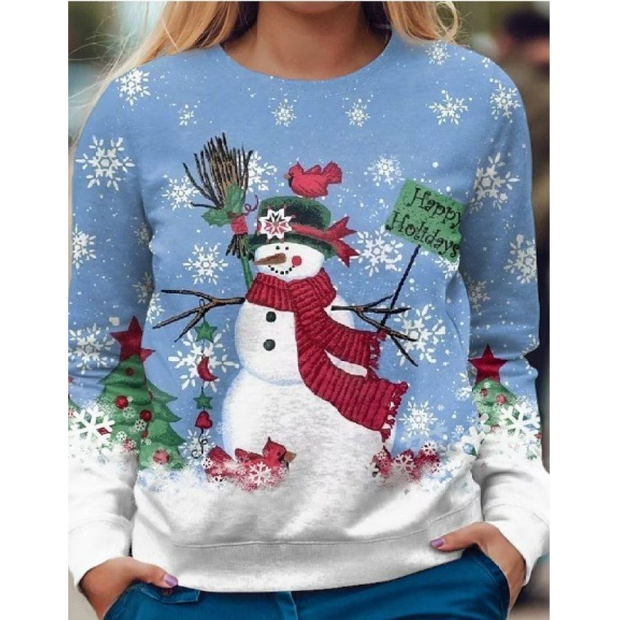 Sudadera Con Cuello Redondo Y Estampado De Muñeco De Nieve Retro Para Mujer Azul