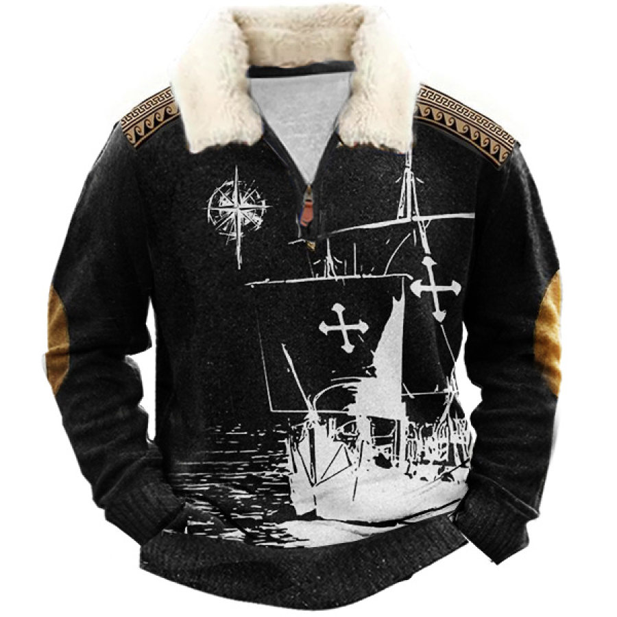 

Men Retro Nautical Sailing Compass Sweater 1/4 Zip Stand Fleece Collar Thick Sweatshirt