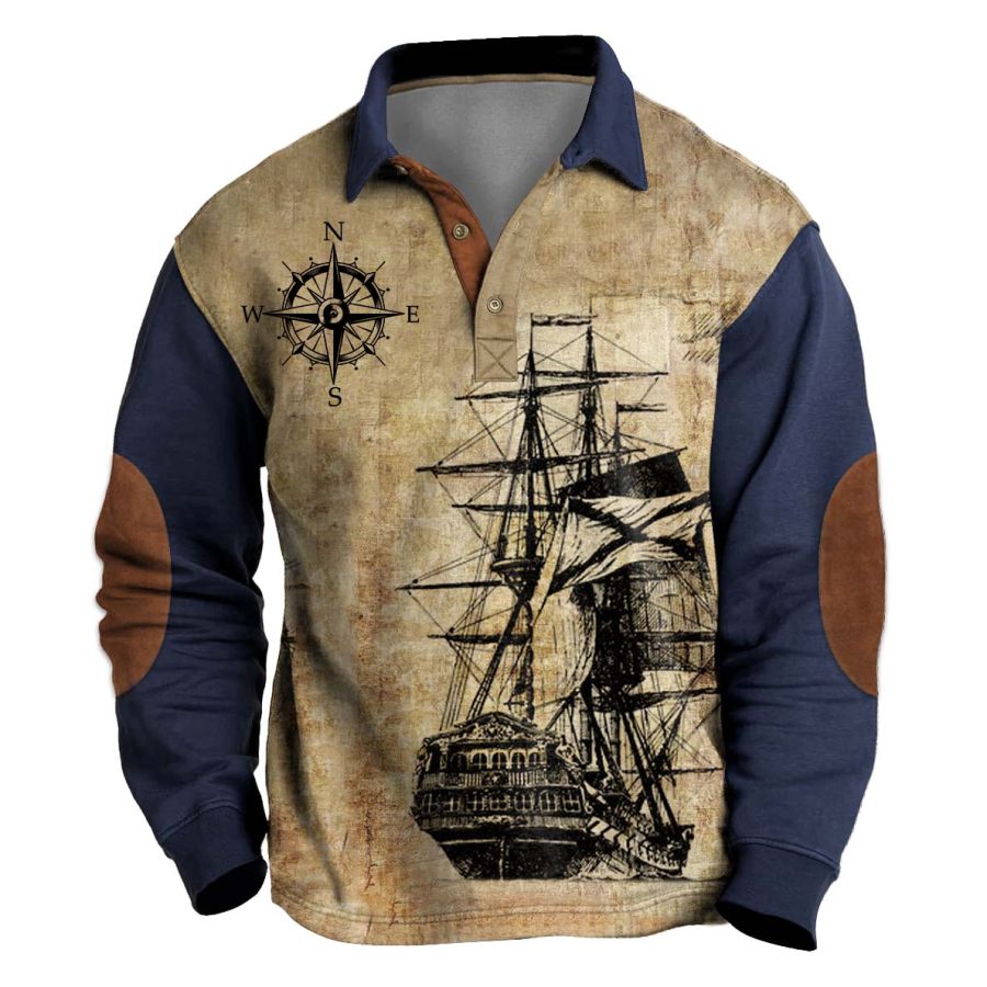 

Men's Sweatshirt Vintage Nautical Sailing Compass Polo Collar Color Block Daily Tops