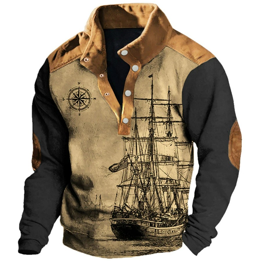 

Men's Retro Nautical Sailing Compass Print Zipper Stand Collar Sweatshirt Christmas Holiday Tops Khaki