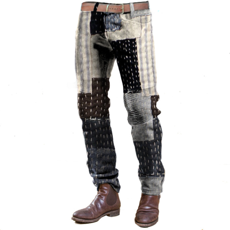 

Patchwork Design Boro Print Men Vintage Corduroy Trousers Quilted Outdoor Casual Daily Pants
