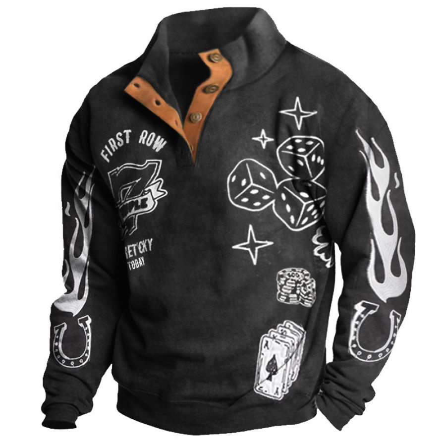 Herren-Sweatshirt Mit Halboffenem Kragen Retro-Rock-Print Farbblock